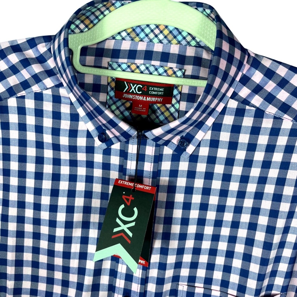 Johnston & Murphy XC4 Shirt Mens M Pink Blue Gingham Extreme Comfort NWT